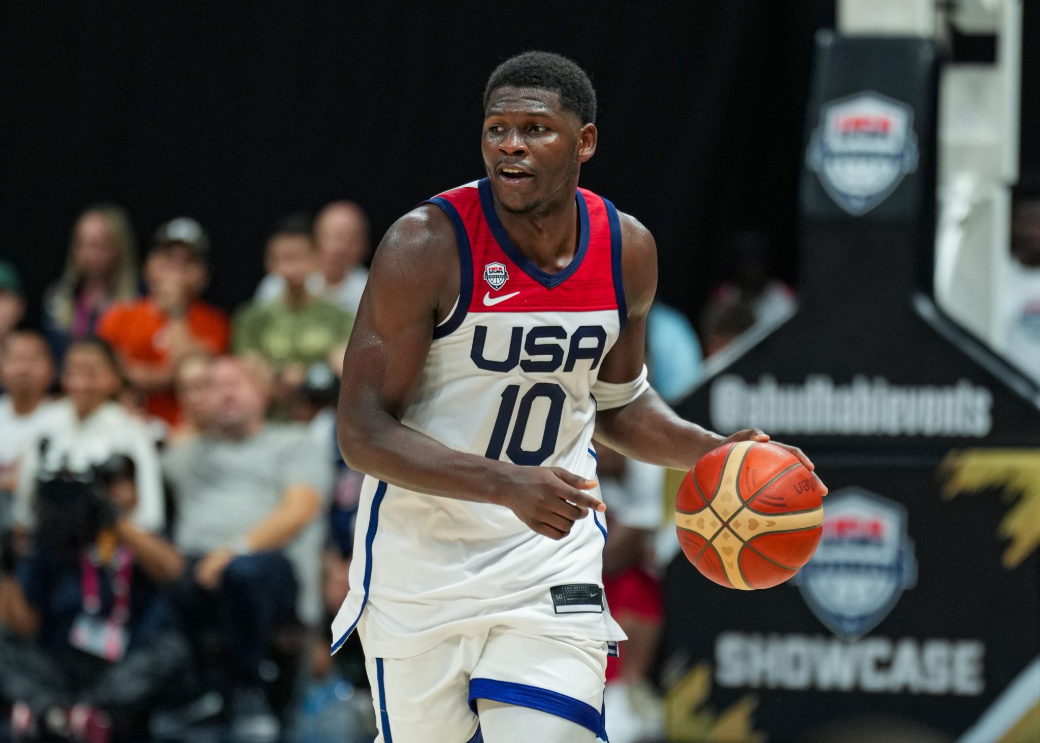 ABU DHABI, UAE - AUGUST 20: Anthony Edwards of the USA Senior Men's National Team dribbles the ball during the game against Germany as part of 2023 FIBA World Cup at Etihad Arena on August 20, 2023 in Abu Dhabi, The United Arab Emirates. NOTE TO USER: User expressly acknowledges and agrees that, by downloading and/or using this Photograph, user is consenting to the terms and conditions of the Getty Images License Agreement. Mandatory Copyright Notice: Copyright 2023 NBAE (Photo by Ryan Stetz/NBAE via Getty Images)