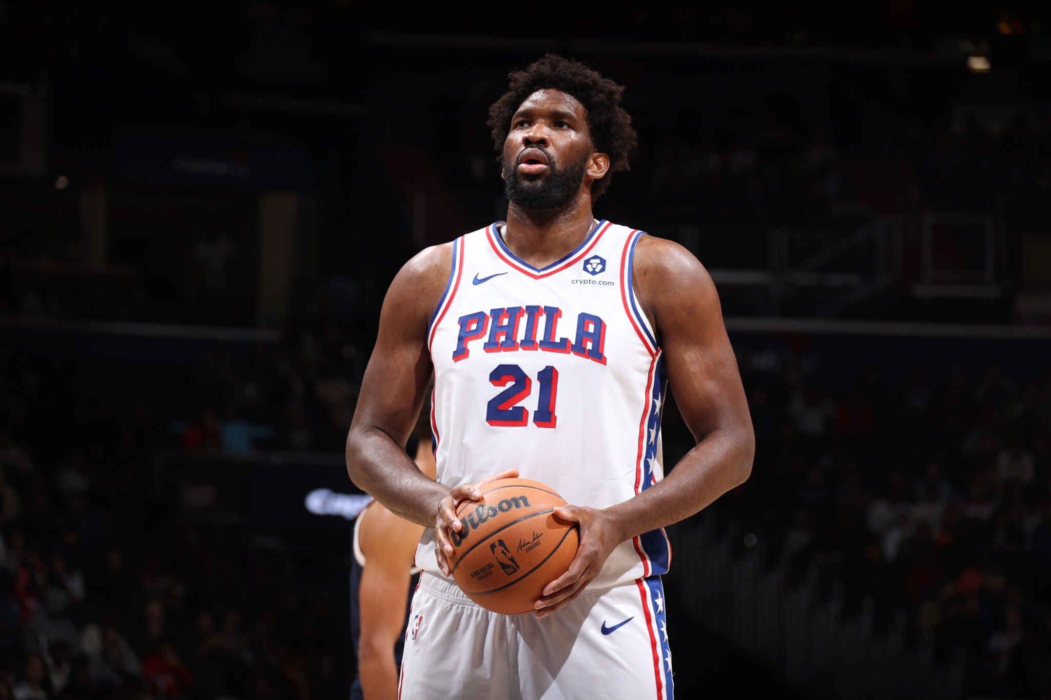 WASHINGTON, DC -  DECEMBER 6: Joel Embiid #21 of the Philadelphia 76ers prepares to shoot a free throw during the game against the Washington Wizards on December 6, 2023 at Capital One Arena in Washington, DC. NOTE TO USER: User expressly acknowledges and agrees that, by downloading and or using this Photograph, user is consenting to the terms and conditions of the Getty Images License Agreement. Mandatory Copyright Notice: Copyright 2023 NBAE (Photo by Stephen Gosling/NBAE via Getty Images)
