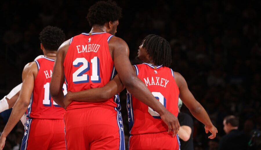 NEW YORK, NY - APRIL 22: Joel Embiid #21 of the Philadelphia 76ers & Tyrese Maxey #0 of the Philadelphia 76ers looks on during the game against the New York Knicks during Round 1 Game 2 of the 2024 NBA Playoffs on April 22, 2024 at Madison Square Garden in New York City, New York. NOTE TO USER: User expressly acknowledges and agrees that, by downloading and or using this photograph, User is consenting to the terms and conditions of the Getty Images License Agreement. Mandatory Copyright Notice: Copyright 2024 NBAE (Photo by Nathaniel S. Butler/NBAE via Getty Images)