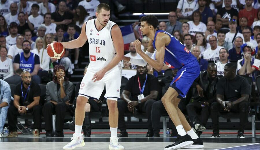 NBA LYON, FRANCE - JULY 12: Nikola Jokic #15 of Serbia plays against Victor Wembanyama #32 of France during the friendly match between France and Serbia at LDLC Arena on July 12, 2024 in Lyon, France. (Photo by Catherine Steenkeste/Getty Images)