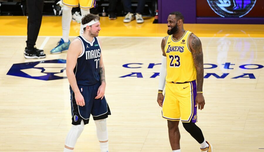 LOS ANGELES, CA - JANUARY 17: LeBron James #23 of the Los Angeles Lakers and Luka Doncic #77 of the Dallas Mavericks look on during the game on January 17, 2024 at Crypto.Com Arena in Los Angeles, California. NOTE TO USER: User expressly acknowledges and agrees that, by downloading and/or using this Photograph, user is consenting to the terms and conditions of the Getty Images License Agreement. Mandatory Copyright Notice: Copyright 2024 NBAE (Photo by Adam Pantozzi/NBAE via Getty Images)